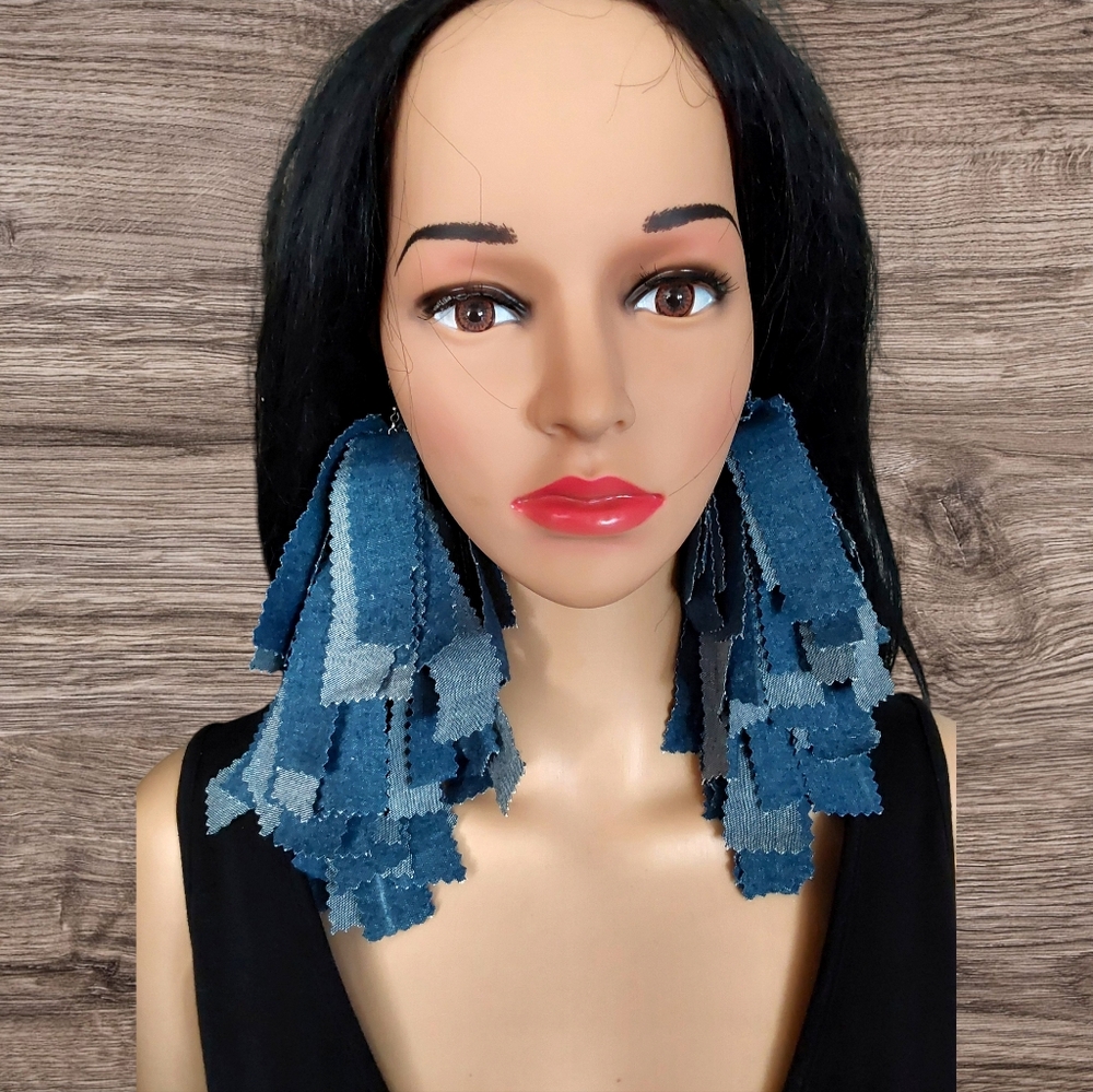 Handcrafted denim tassel earrings